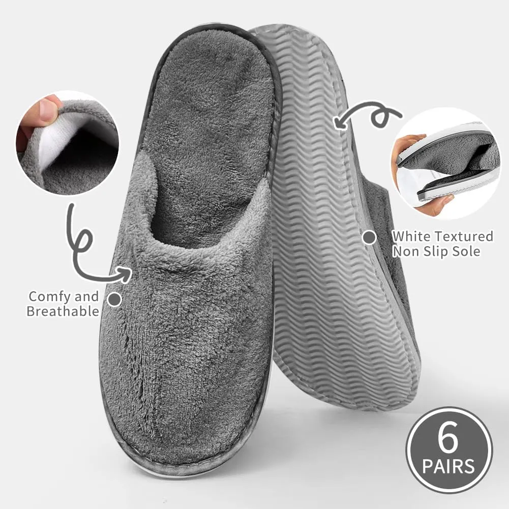 6 Pairs Spa Slippers for Men and Women Fleece Non Slip Disposable Slippers Bulk Pack for Guest,Travel,House, Indoor, Bedroom, Spa, Shoeless Home,Hotel,Wedding Bride Slippers,Washable and Reusable