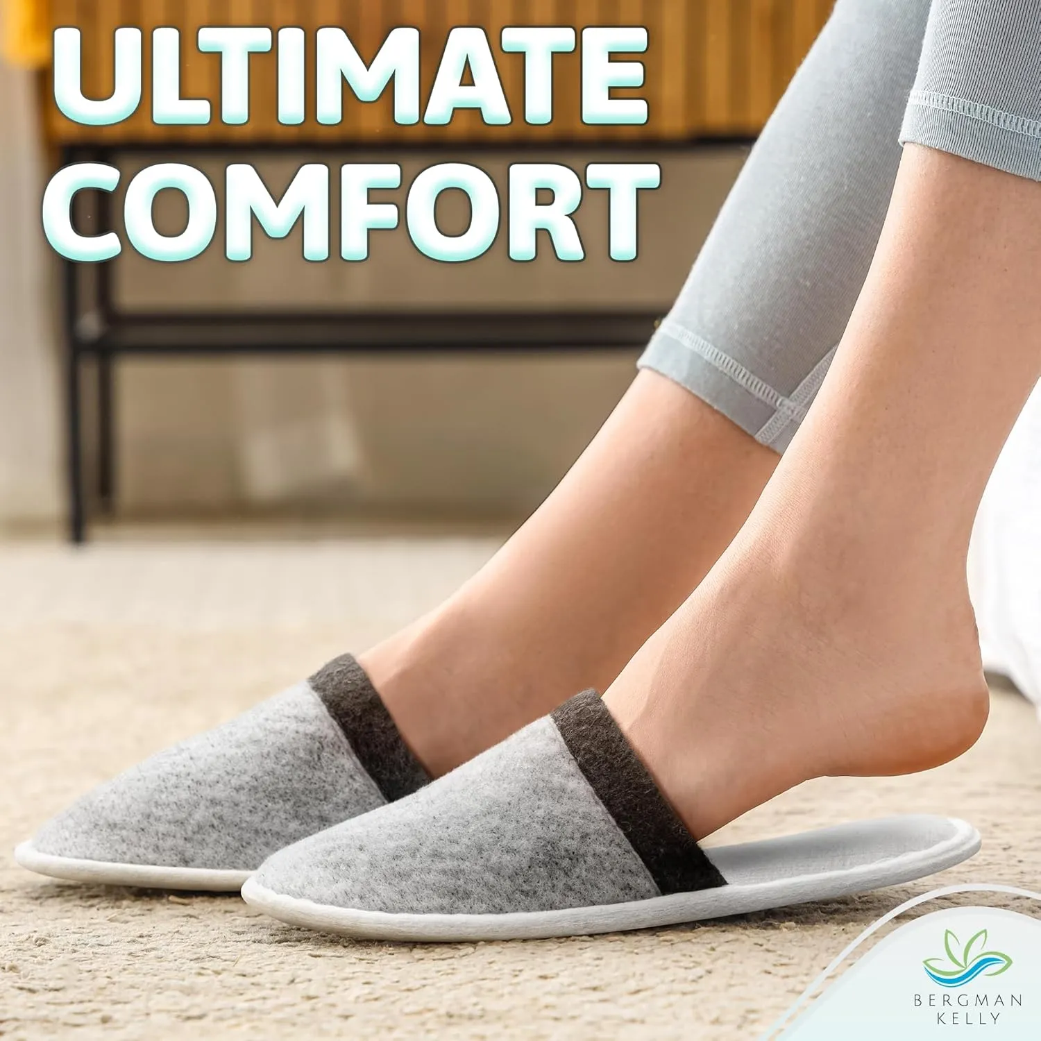 BERGMAN KELLY - Spa Slippers - Eco-Friendly & 100% Biodegradable Disposable Indoor House Slippers - Closed Toe House Shoes for Men & Women - Value Pack Hotel Indoor Shoes for Guests - Washable