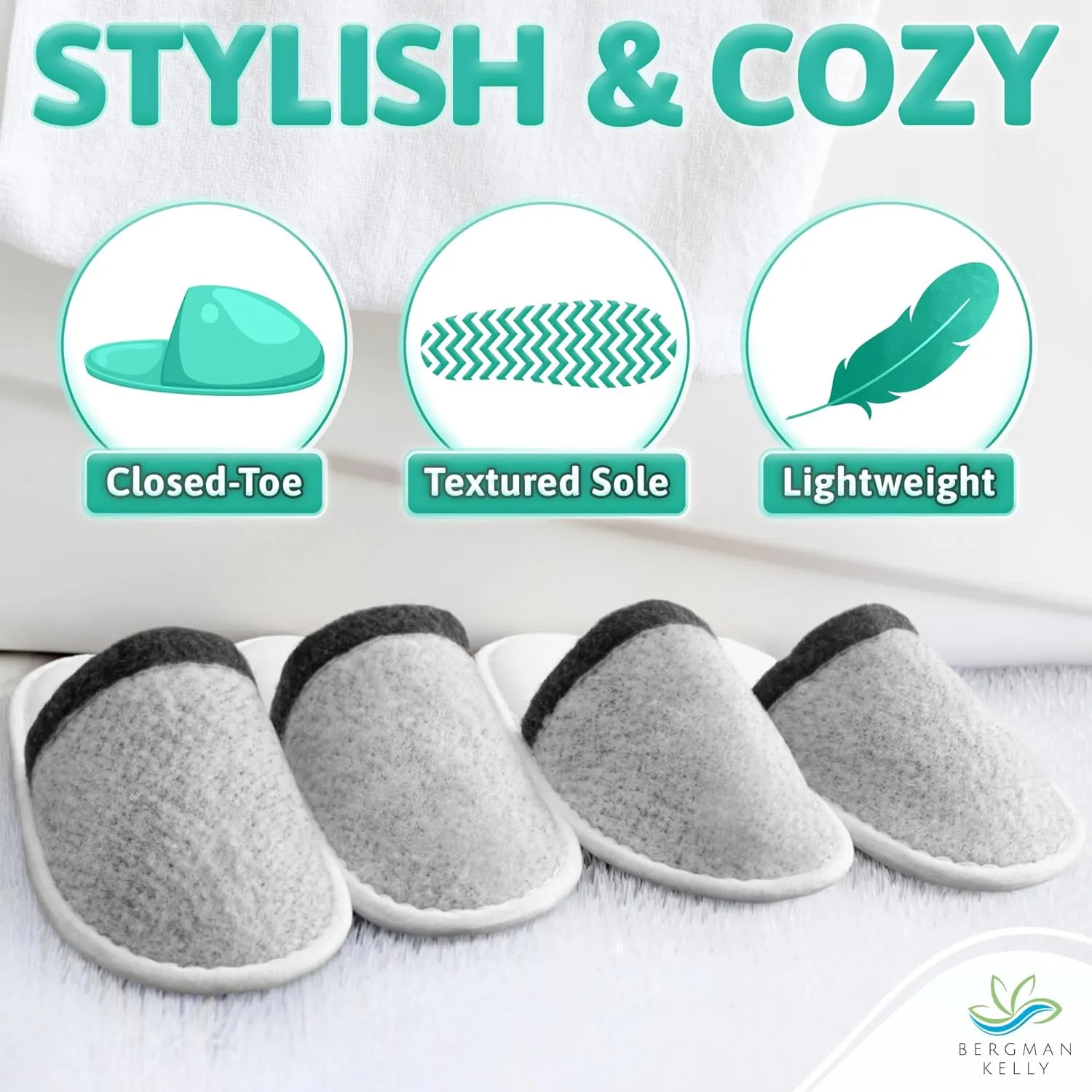 BERGMAN KELLY - Spa Slippers - Eco-Friendly & 100% Biodegradable Disposable Indoor House Slippers - Closed Toe House Shoes for Men & Women - Value Pack Hotel Indoor Shoes for Guests - Washable