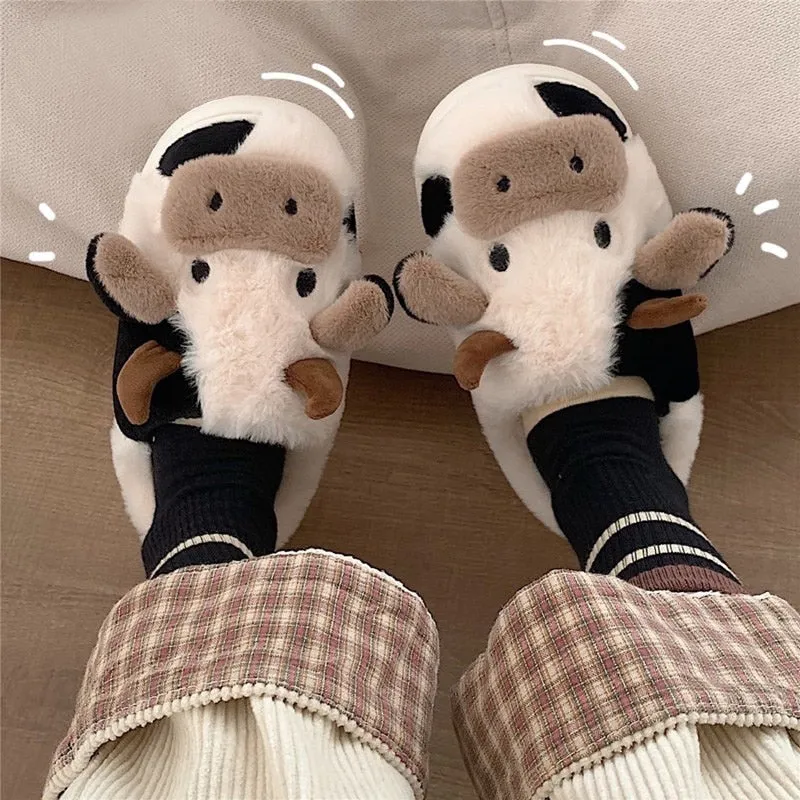 Cute Cow House Slippers Warm Fluffy for Winter