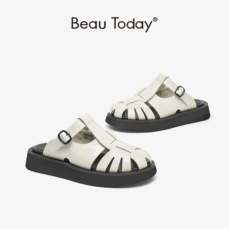 Joskaa  Roman Summer Mule Shoes Women Genuine Cow Leather Straw Woven Metal Buckle Strap Female Sandal Slippers Handmade 34022