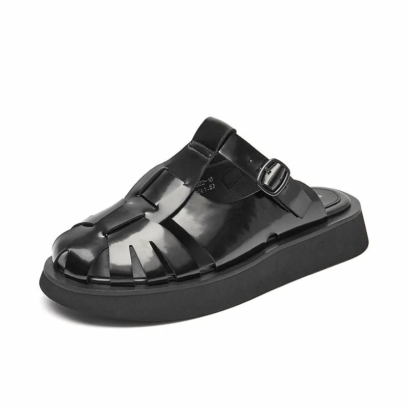 Joskaa  Roman Summer Mule Shoes Women Genuine Cow Leather Straw Woven Metal Buckle Strap Female Sandal Slippers Handmade 34022