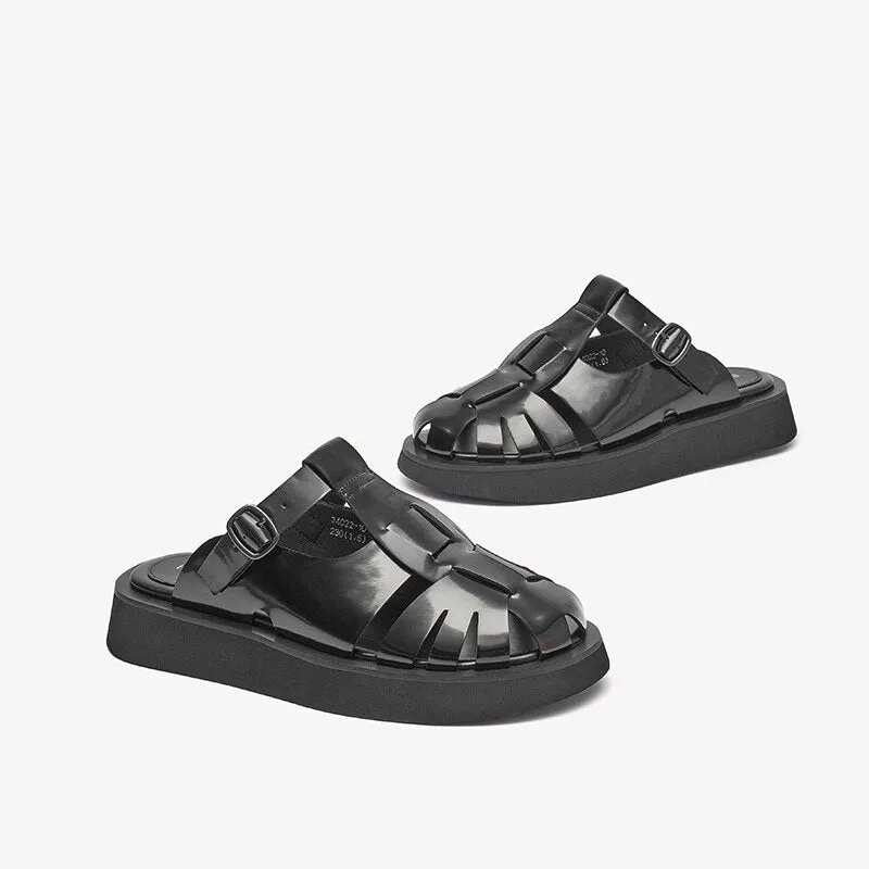 Joskaa  Roman Summer Mule Shoes Women Genuine Cow Leather Straw Woven Metal Buckle Strap Female Sandal Slippers Handmade 34022