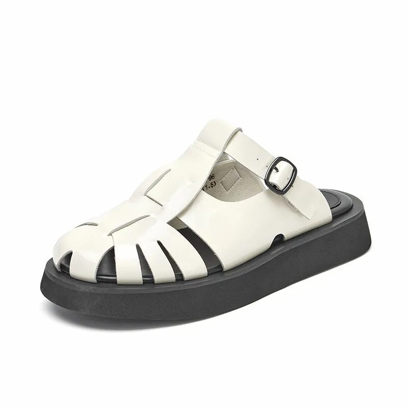 Joskaa  Roman Summer Mule Shoes Women Genuine Cow Leather Straw Woven Metal Buckle Strap Female Sandal Slippers Handmade 34022