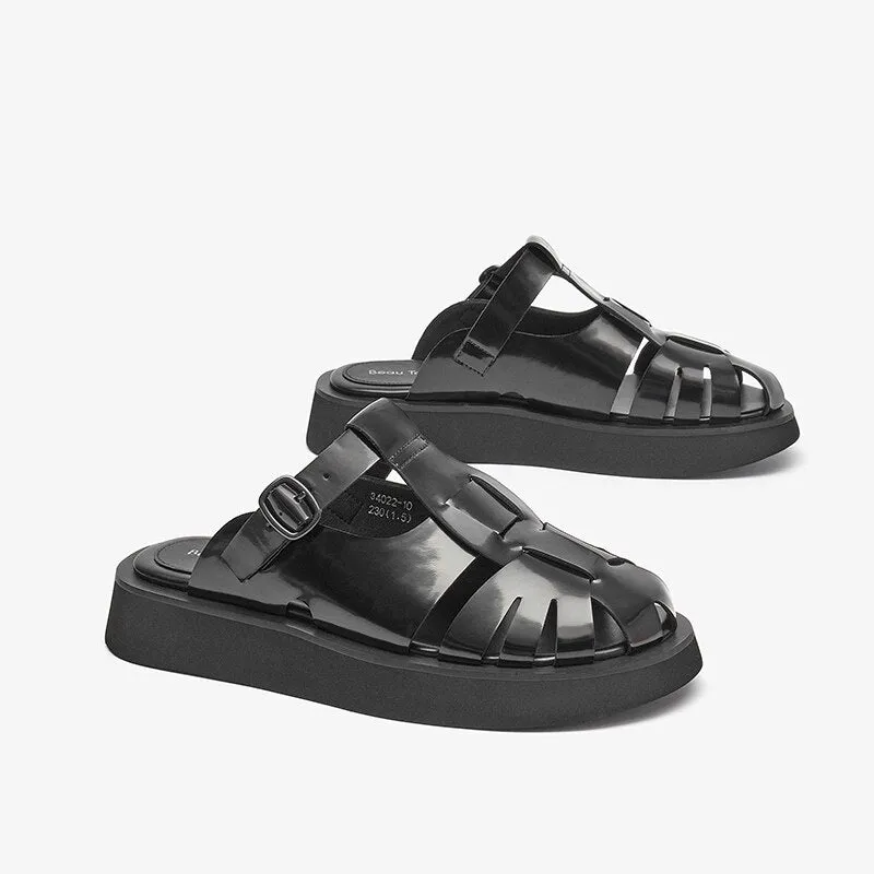 Joskaa  Roman Summer Mule Shoes Women Genuine Cow Leather Straw Woven Metal Buckle Strap Female Sandal Slippers Handmade 34022