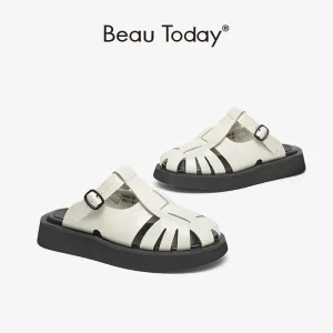 Joskaa  Roman Summer Mule Shoes Women Genuine Cow Leather Straw Woven Metal Buckle Strap Female Sandal Slippers Handmade 34022