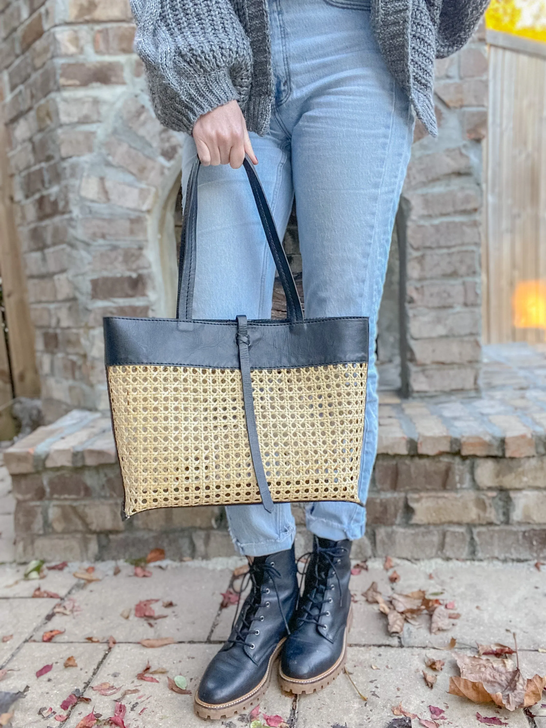 Madeline Cane and Leather Tote in Black by POPPY   SAGE
