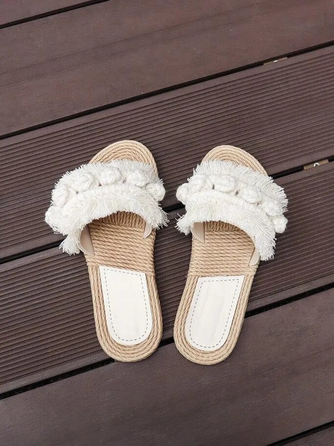 Seven Seas Calypso Handmade Macrame Slide Sandal in Beige White