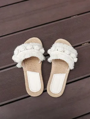 Seven Seas Calypso Handmade Macrame Slide Sandal in Beige White