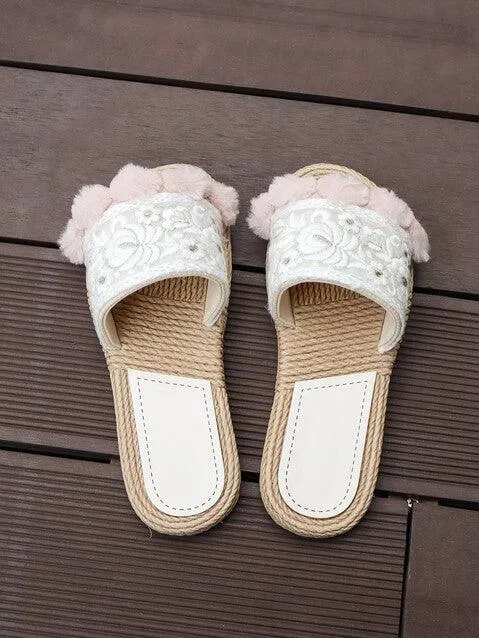 Seven Seas Elysium Embroidered Pom Pom Slide Sandal in White Pink