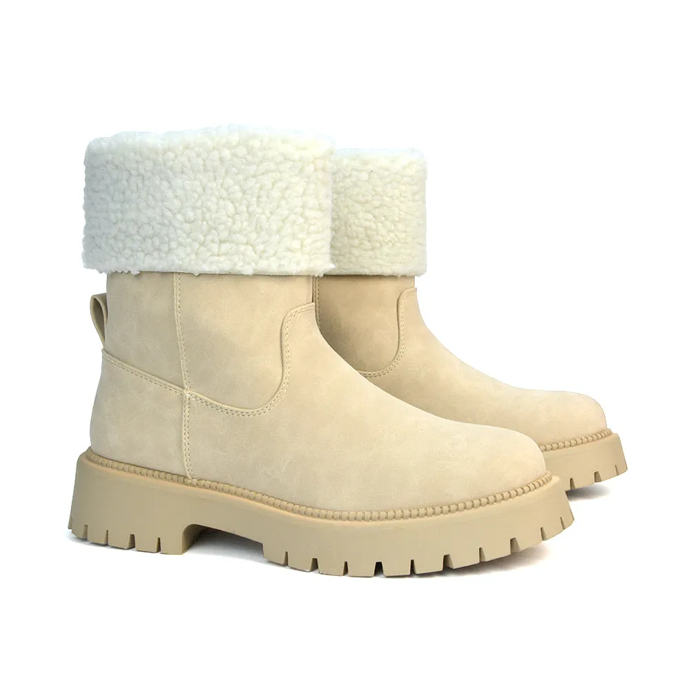 Vienna Faux Fur Chunky Biker Ankle Boots in Taupe PU