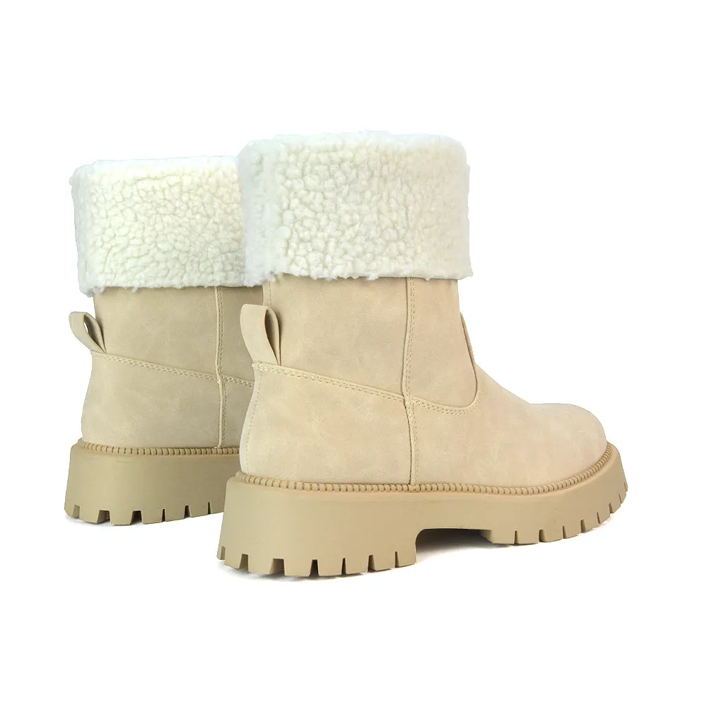 Vienna Faux Fur Chunky Biker Ankle Boots in Taupe PU