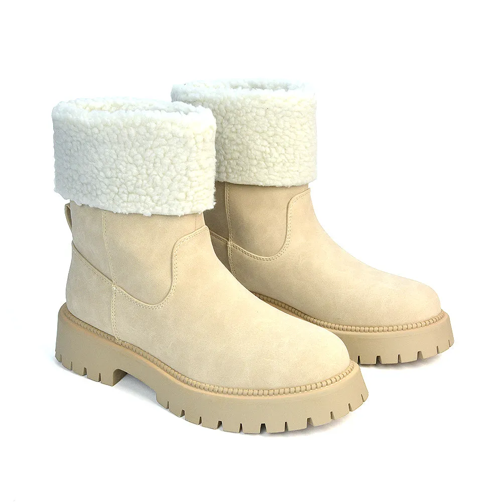 Vienna Faux Fur Chunky Biker Ankle Boots in Taupe PU