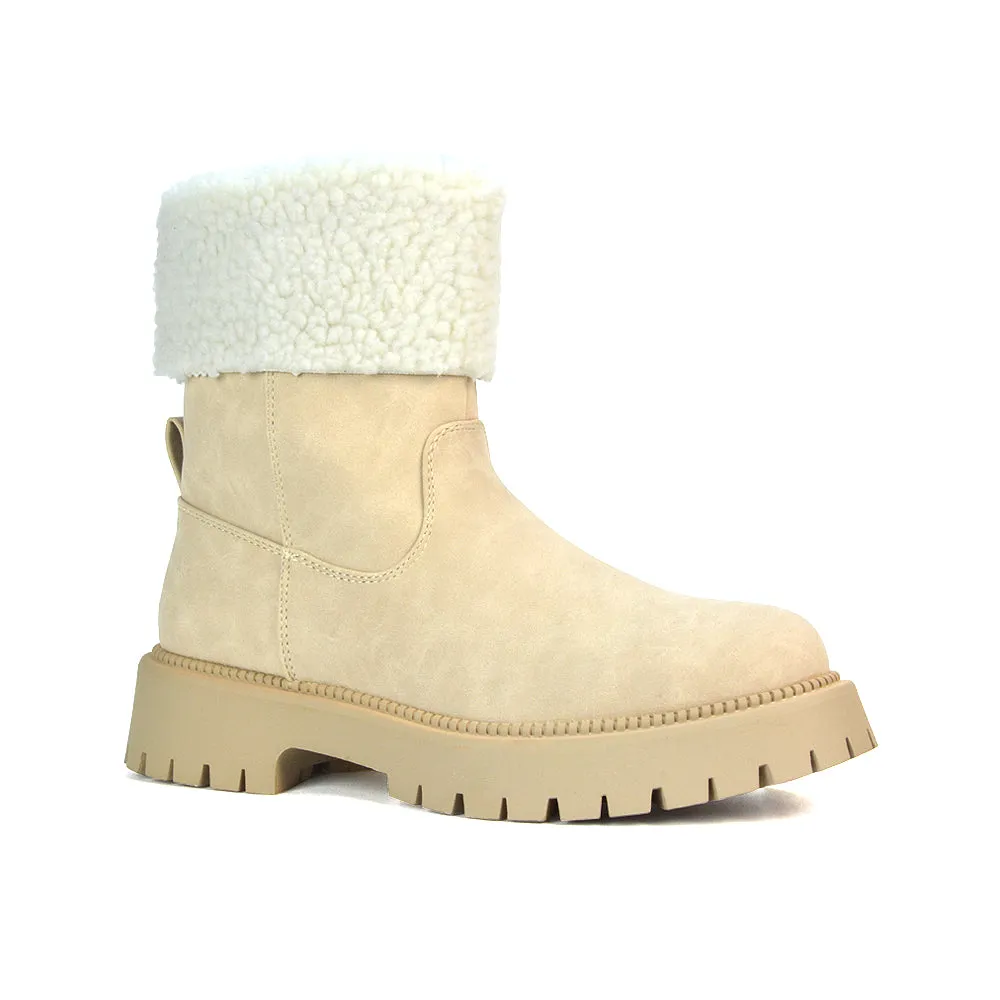 Vienna Faux Fur Chunky Biker Ankle Boots in Taupe PU