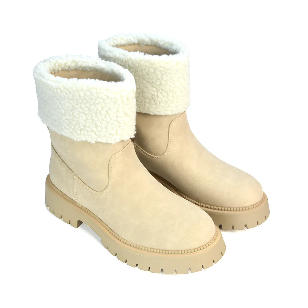 Vienna Faux Fur Chunky Biker Ankle Boots in Taupe PU