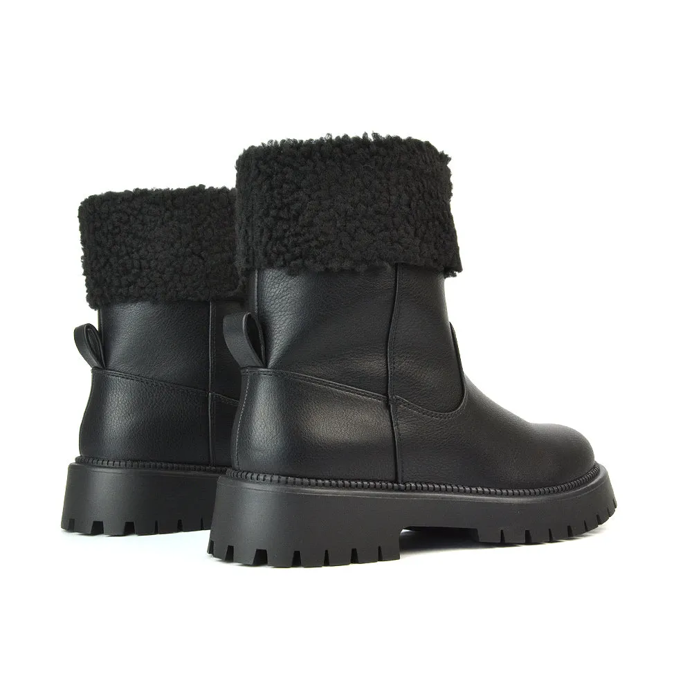 Vienna Faux Fur Chunky Biker Ankle Boots in Taupe PU
