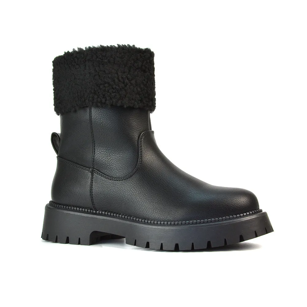 Vienna Faux Fur Chunky Biker Ankle Boots in Taupe PU