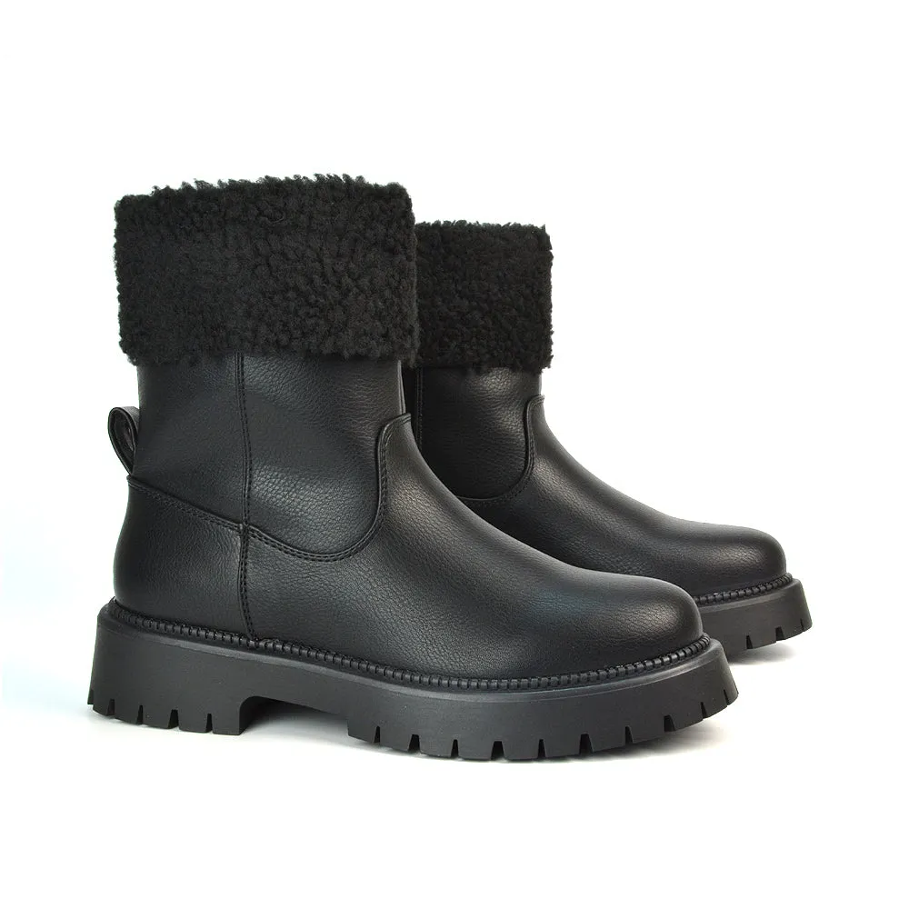 Vienna Faux Fur Chunky Biker Ankle Boots in Taupe PU