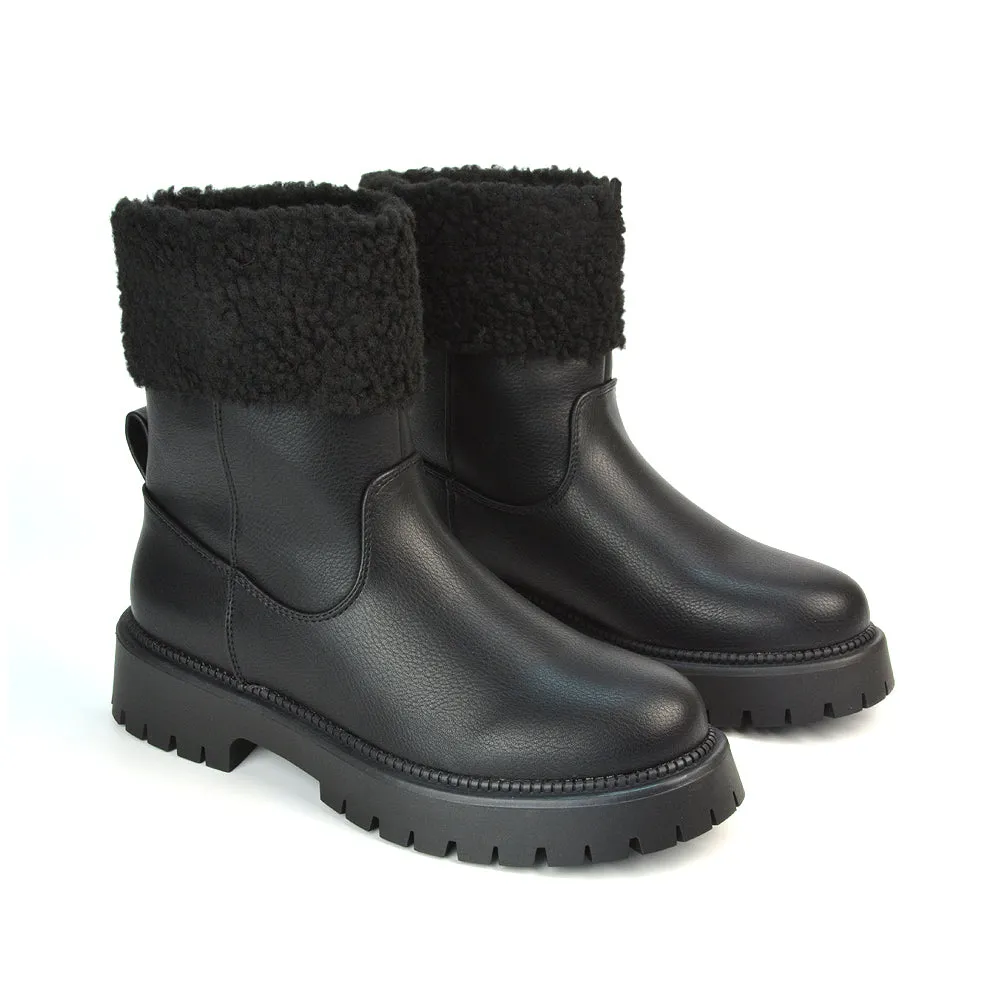 Vienna Faux Fur Chunky Biker Ankle Boots in Taupe PU