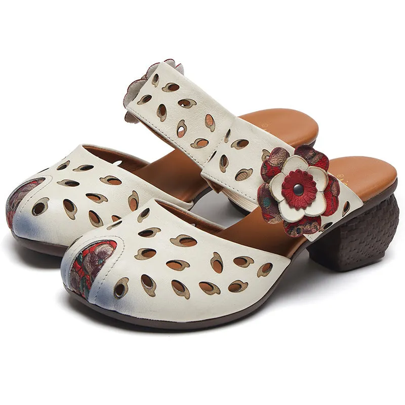Women Hollow Leather Casual Summer Heel Slides