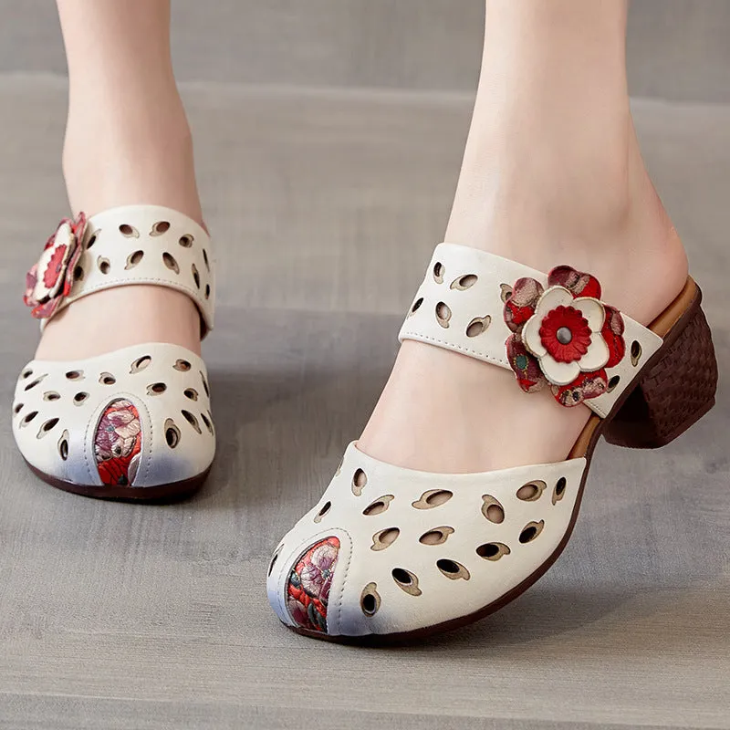 Women Hollow Leather Casual Summer Heel Slides
