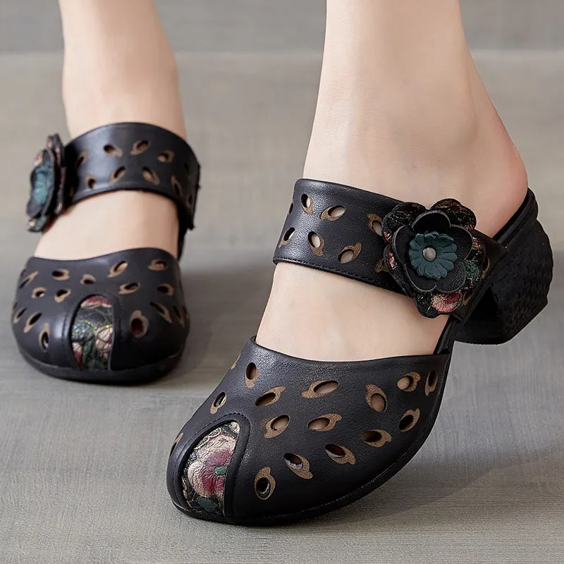 Women Hollow Leather Casual Summer Heel Slides
