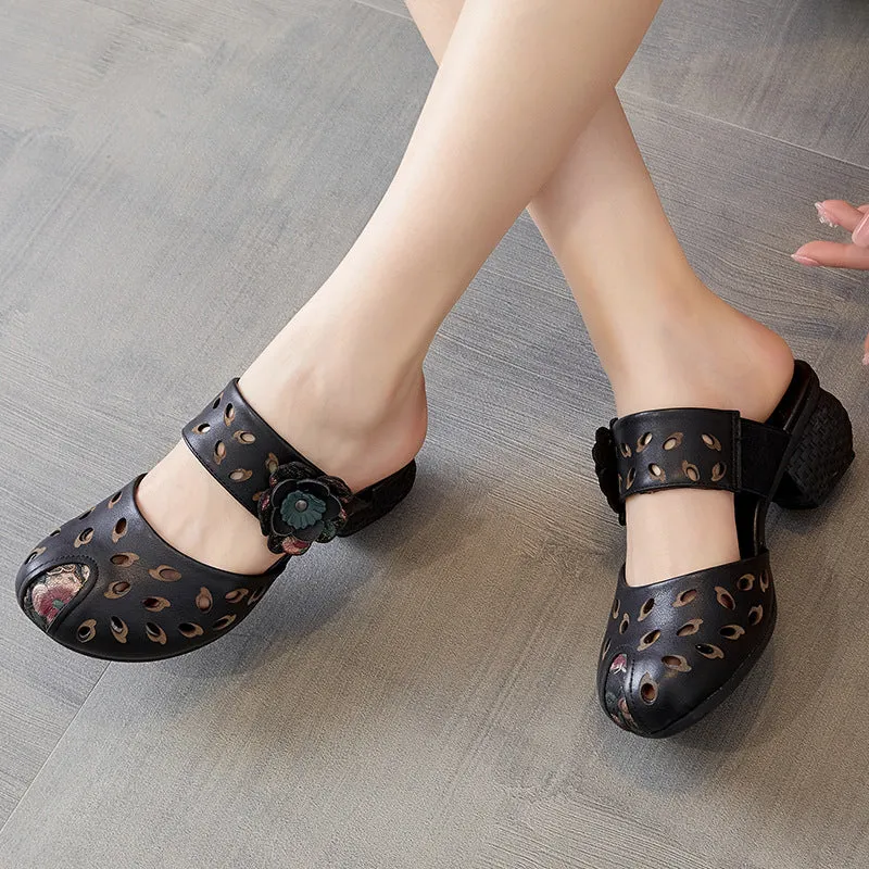 Women Hollow Leather Casual Summer Heel Slides