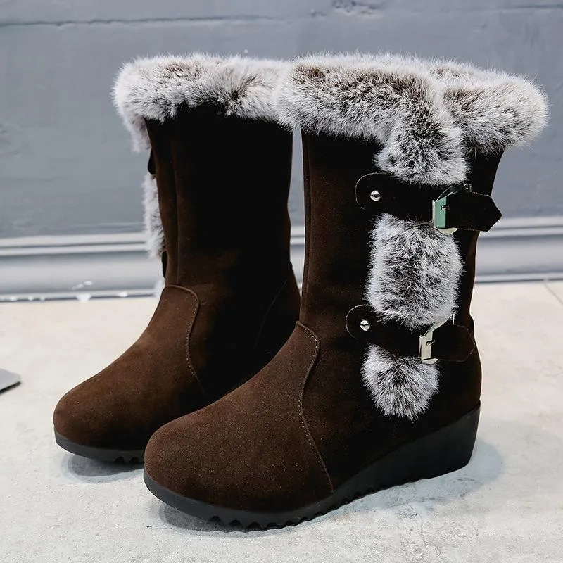 Women's fuzzy faux fur lined buckle strap snow boots mid calf wedge heel snow boots