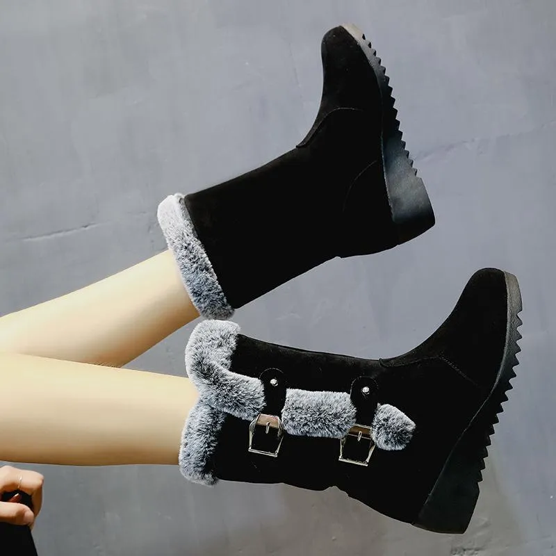 Women's fuzzy faux fur lined buckle strap snow boots mid calf wedge heel snow boots