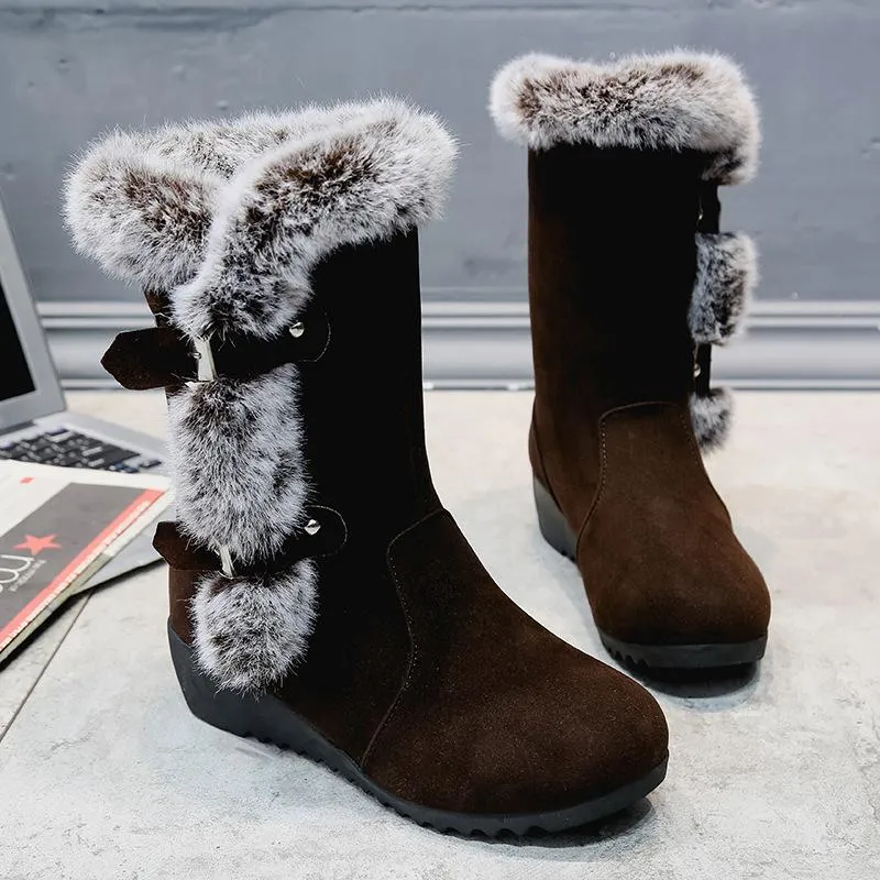 Women's fuzzy faux fur lined buckle strap snow boots mid calf wedge heel snow boots