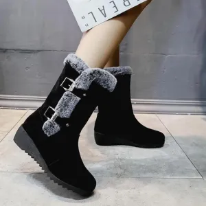 Women's fuzzy faux fur lined buckle strap snow boots mid calf wedge heel snow boots