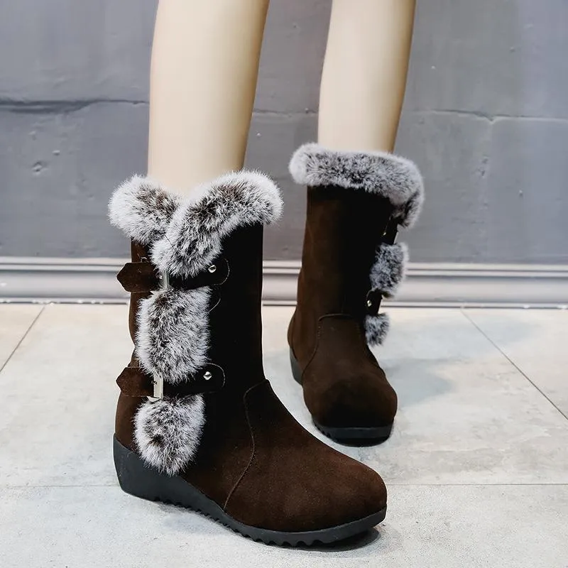 Women's fuzzy faux fur lined buckle strap snow boots mid calf wedge heel snow boots