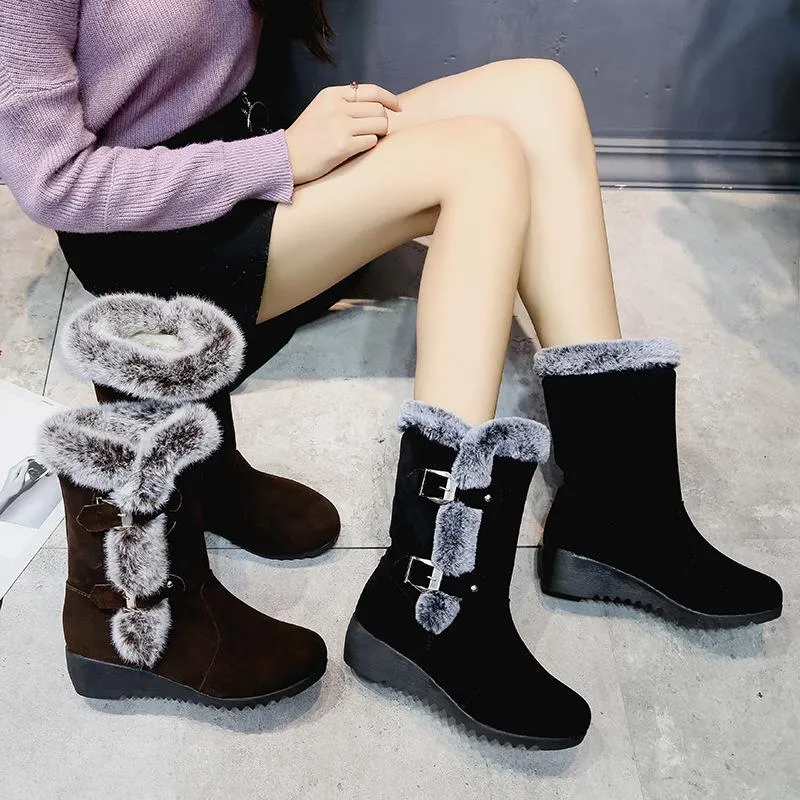 Women's fuzzy faux fur lined buckle strap snow boots mid calf wedge heel snow boots
